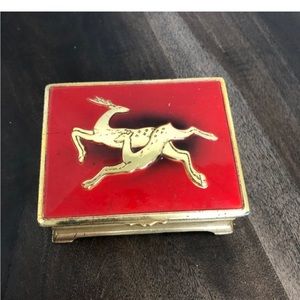 Vtg Japan Red & Gold Tone Metal Trinket Vanity Box With Deer